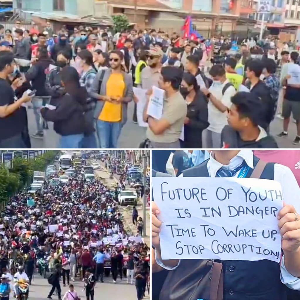Nepal opposing social media ban with signs demanding action against corruption