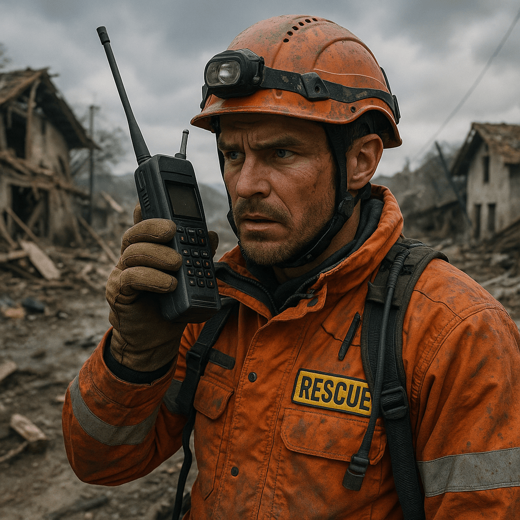 Emergency rescue team member using satellite phone communication technology