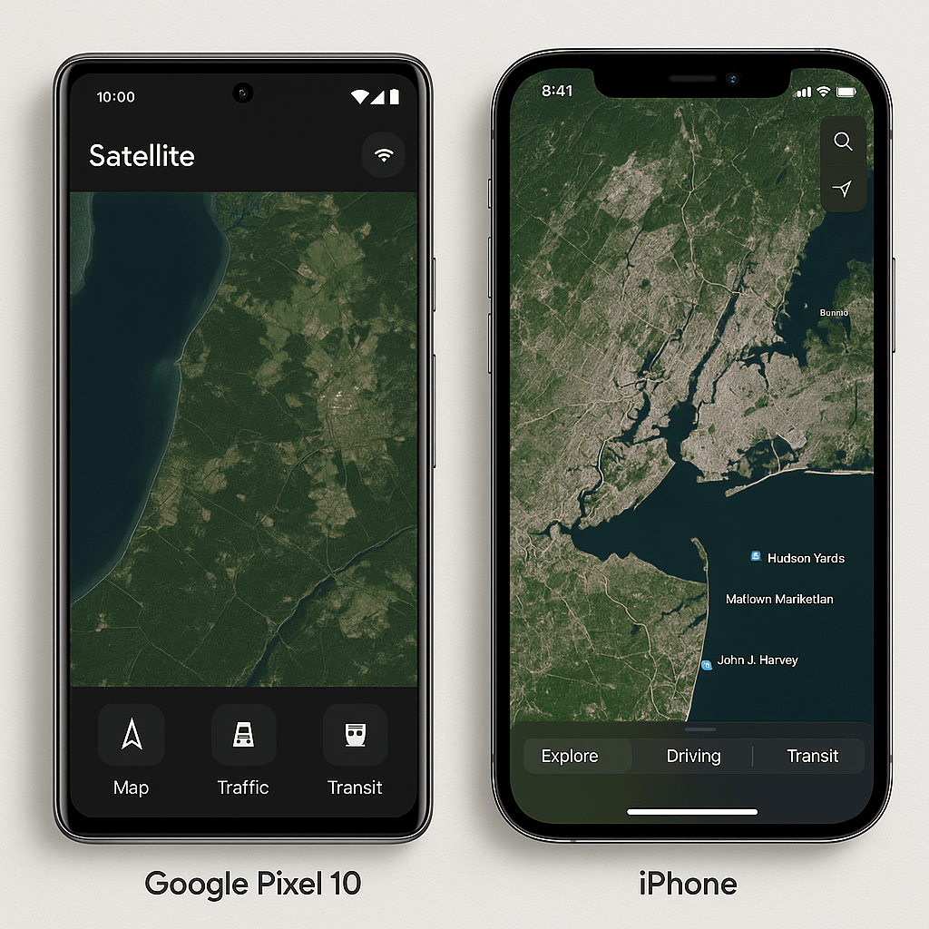 Side-by-side comparison of Google Pixel 10 and iPhone showing satellite features interface differences